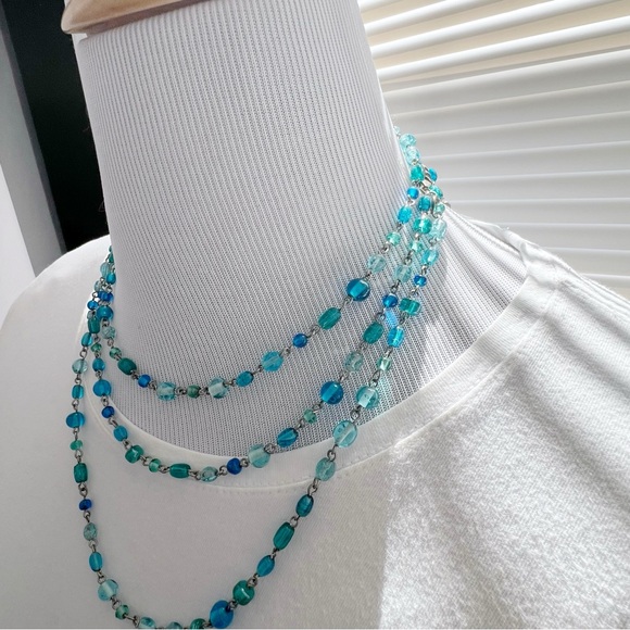 AEO Long Necklace in Shades of Blue Glass Beads and Silver Chain - Picture 5 of 9